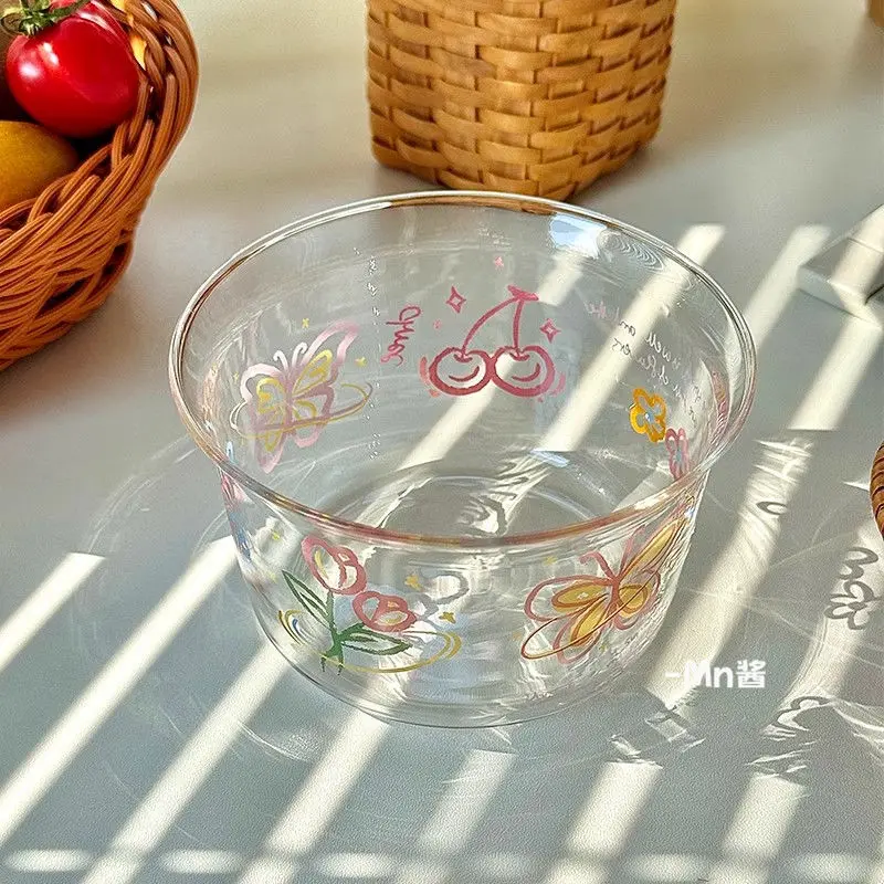 

Cartoon Cherry Butterfly Pattern Glass Bowl Household Fruit Salad Bowl Transparent Tableware Ice-cream Dessert Rice Bowl 500ml