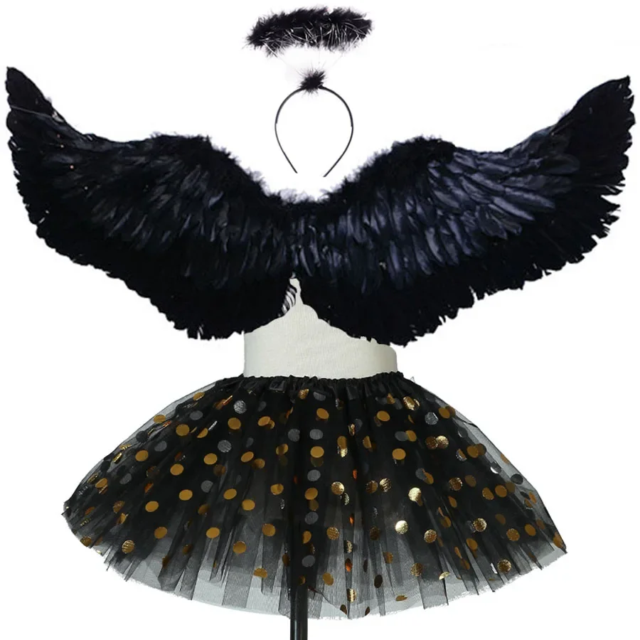 

Princess Angel Feather Wings Devil Fancy Dress Children Tutu Skirt for Girls Birthday Party Halloween Costume Cosplay