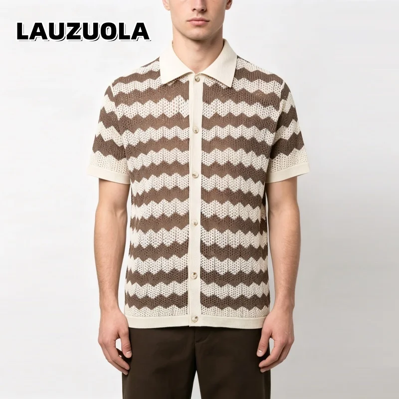 Men Wavy Striped Hollow Knit Shirts Summer Lapel Button Down Short Sleeve Cardigan Casual Breathable Crochet Mesh Shirt Tops