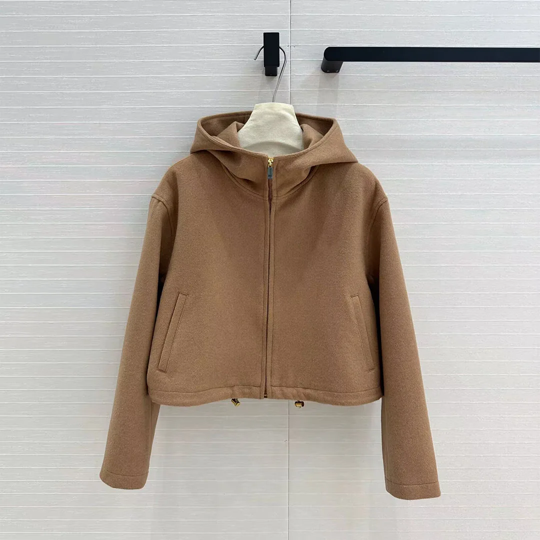 2024 New Winter Fashion 100% Wool Woolen Coat Women Hooded Long Sleeve Zipper Fly Vintage Loose Short Casual Brief Jacket