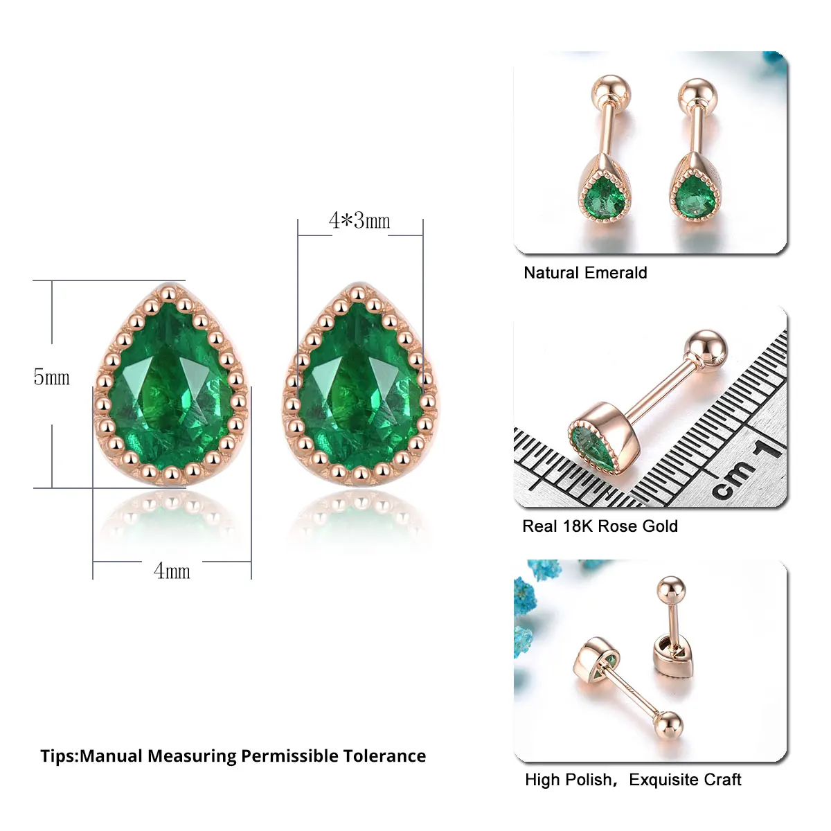 Lohaspie Natural Emerald 18K Rose Gold Earrings 0.28 Carats Genuine Gemstone Party Jewelry Classic Style Fine Jewelry