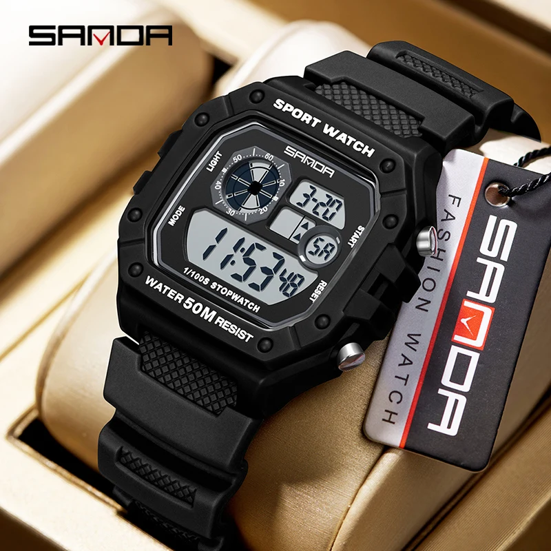SANDA 2202 Sports Multifunctional Waterproof LED Single Display Small Square Electronic Watch Fashionable Men's Electronic Watch