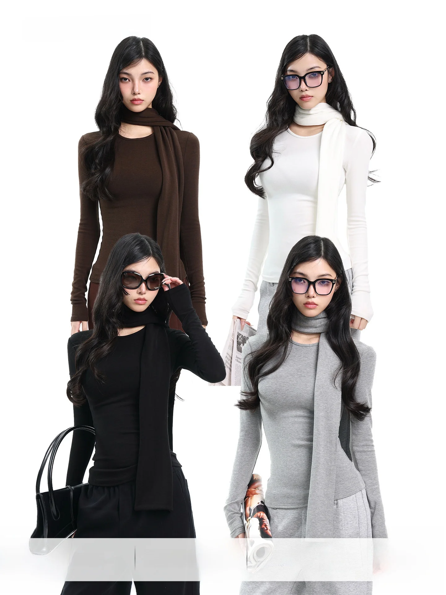 UNCMHISEX Basic Grey Long Sleeve Fleece Lined Slim Fit round Neck T-Shirt Women's Spring Inner Wear Base Shirt Fashionable Br...