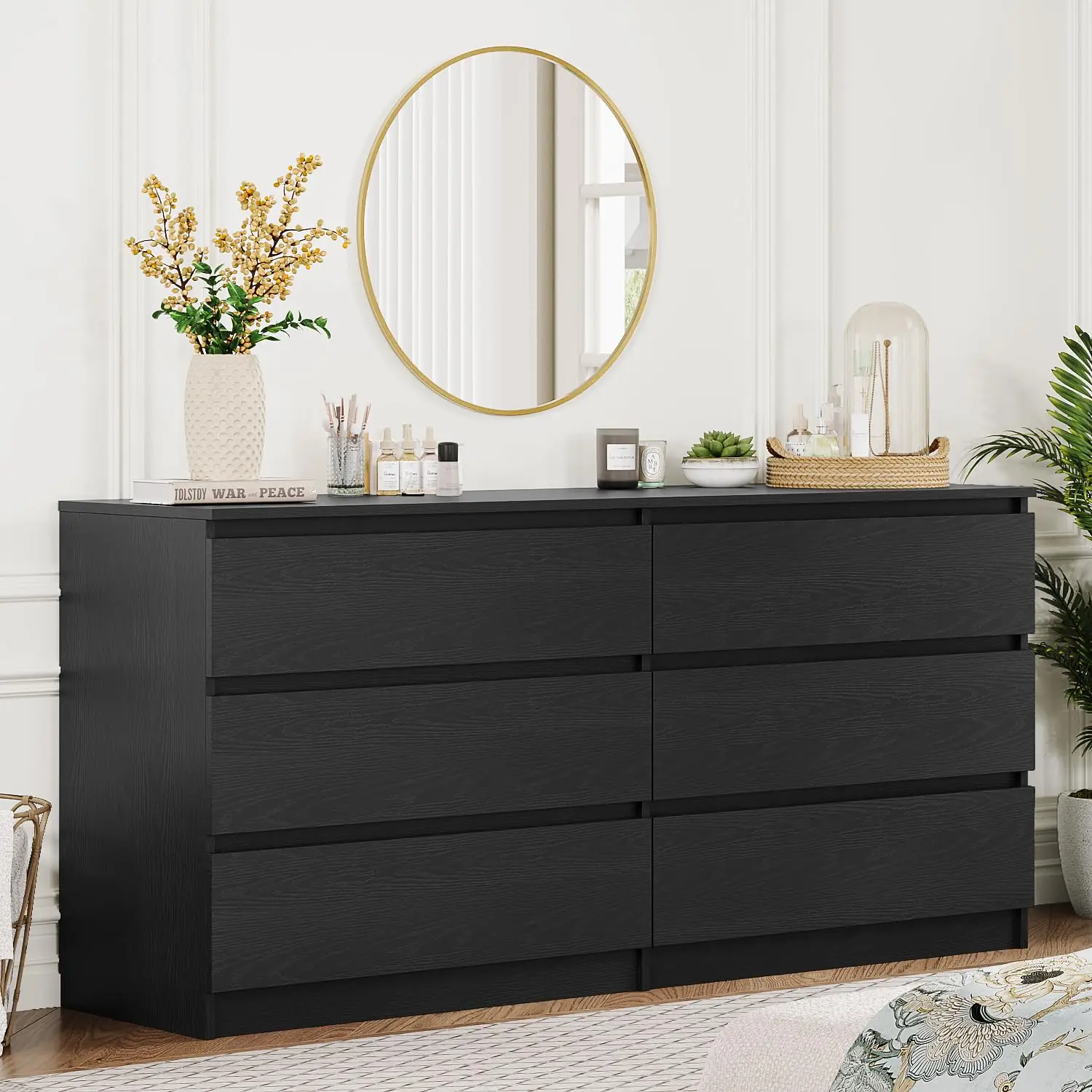 

59'' Black Dresser for Bedroom, Modern 6 Drawer Wood Dresser with Handle-Free Design & Thick Panel, Customized