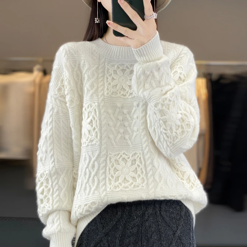 100% pure wool sweater women\'s round neck hook openwork knitted sweater loose lazy trend heavy wool bottoming shirt