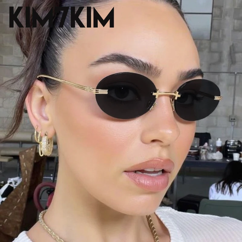 

Punk Rimless Oval Sunglasses Women 2025 Luxury Brand Metal Frame Sun Glasses Vintage Sexy Eyewear For Ladies Trendy UV400 Shades