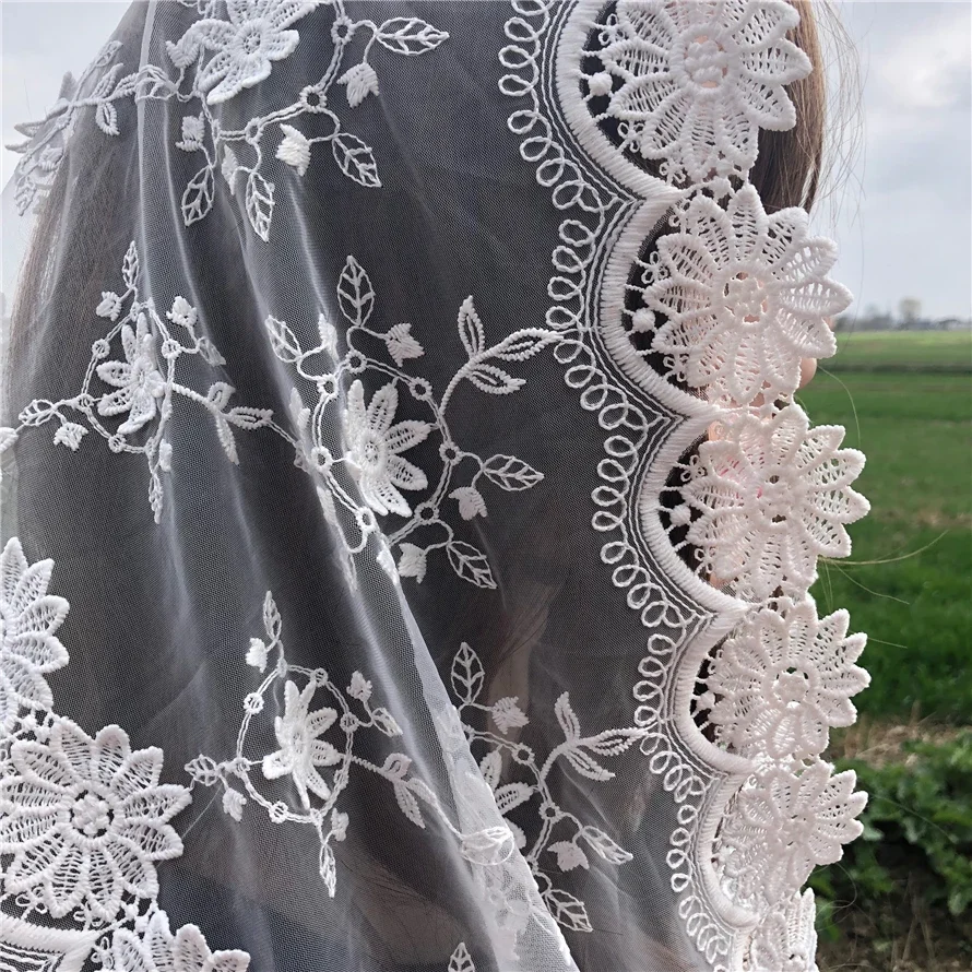 Velo de encaje para mujer, Mantilla para cubrir la cabeza de la Iglesia, bufanda 3D, chal de gasa de masa de flores, pañuelo, Dentelle Infinity, color blanco