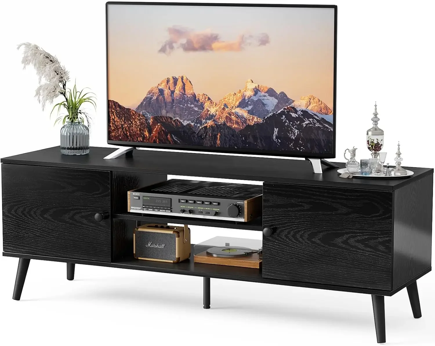 

TV Stand for 55 60 inch TV, Entertainment Center with Storage Cabinet, Mid Century Modern Media Console Table, Adjustable Hinge