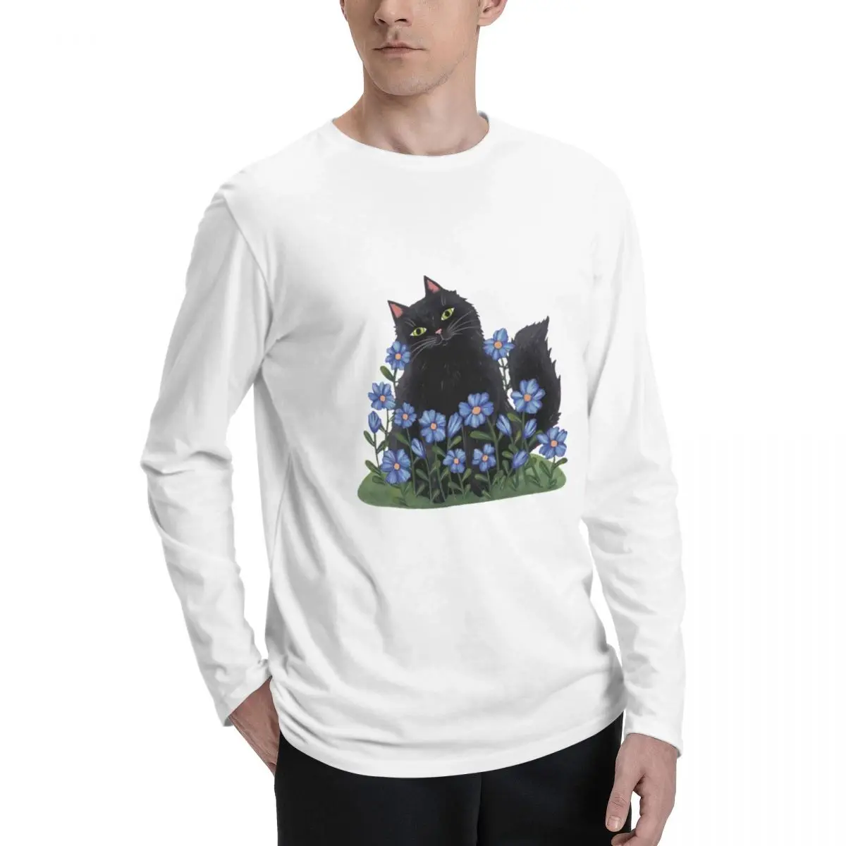 Black_Cat_and_Blue_Flowers Premium Men's Long Sleeve Tee - Classic Design with Superior Comfort for All-Day Wear