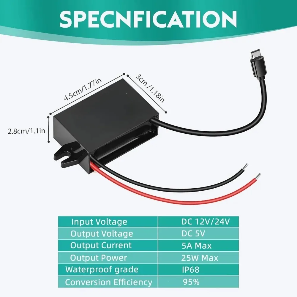 DC 12V/24V To 5V Step Down Converter Type-C Interface 5A IP68 Waterproof Buck Module Power Adapter Compatible With Cell Phones