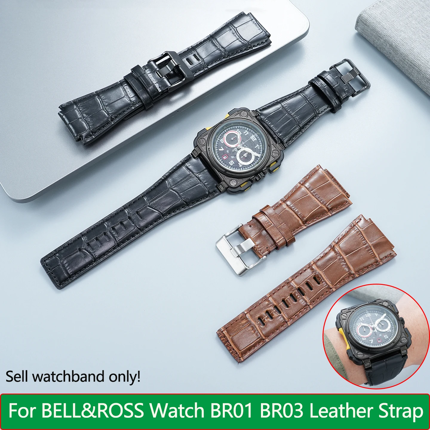 24mm Leather Watch Strap Convex for Bell & Ross Bell Ross BR01 BR03 Cowhide Watchband   Breathable Durable bracelet For men's