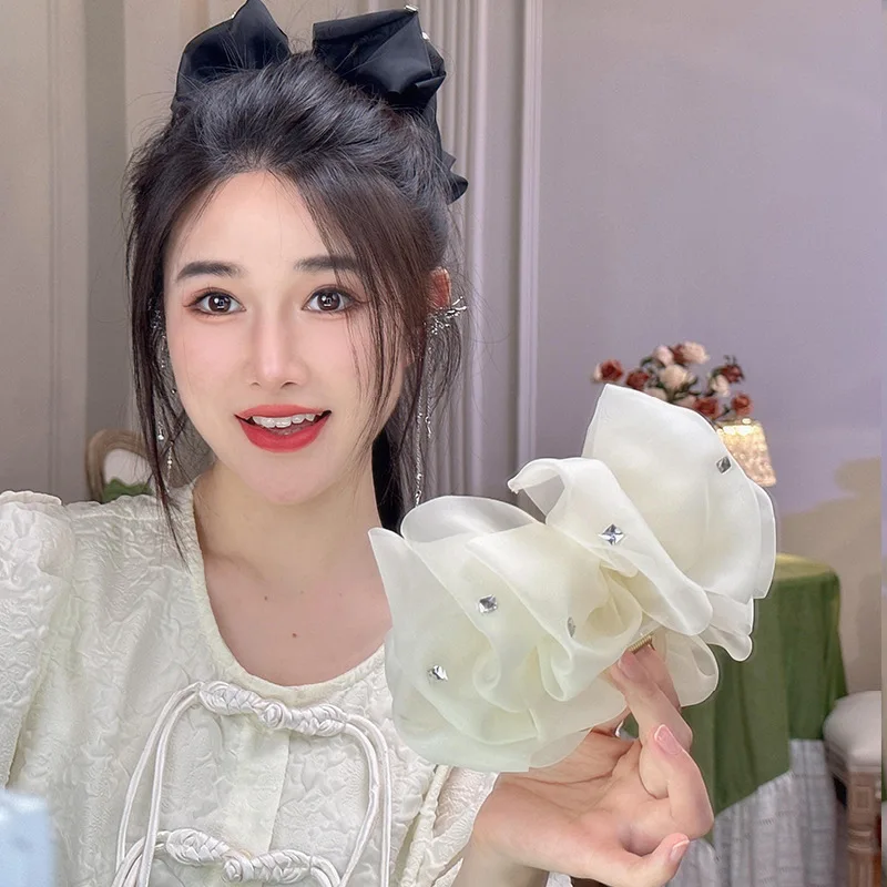 

Premium Mesh Bow Shark Hair Claw Large Size Ethereal Summer Hair Accessory for Women Back Head Daily Beige