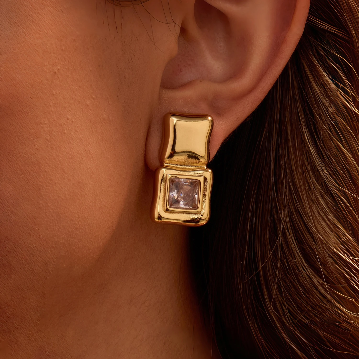8mm CZ Geometric Square Earrings For Women, High Polish Stainless Steel Gold Plated, Fashion Luxury Feel Jewelry For Party