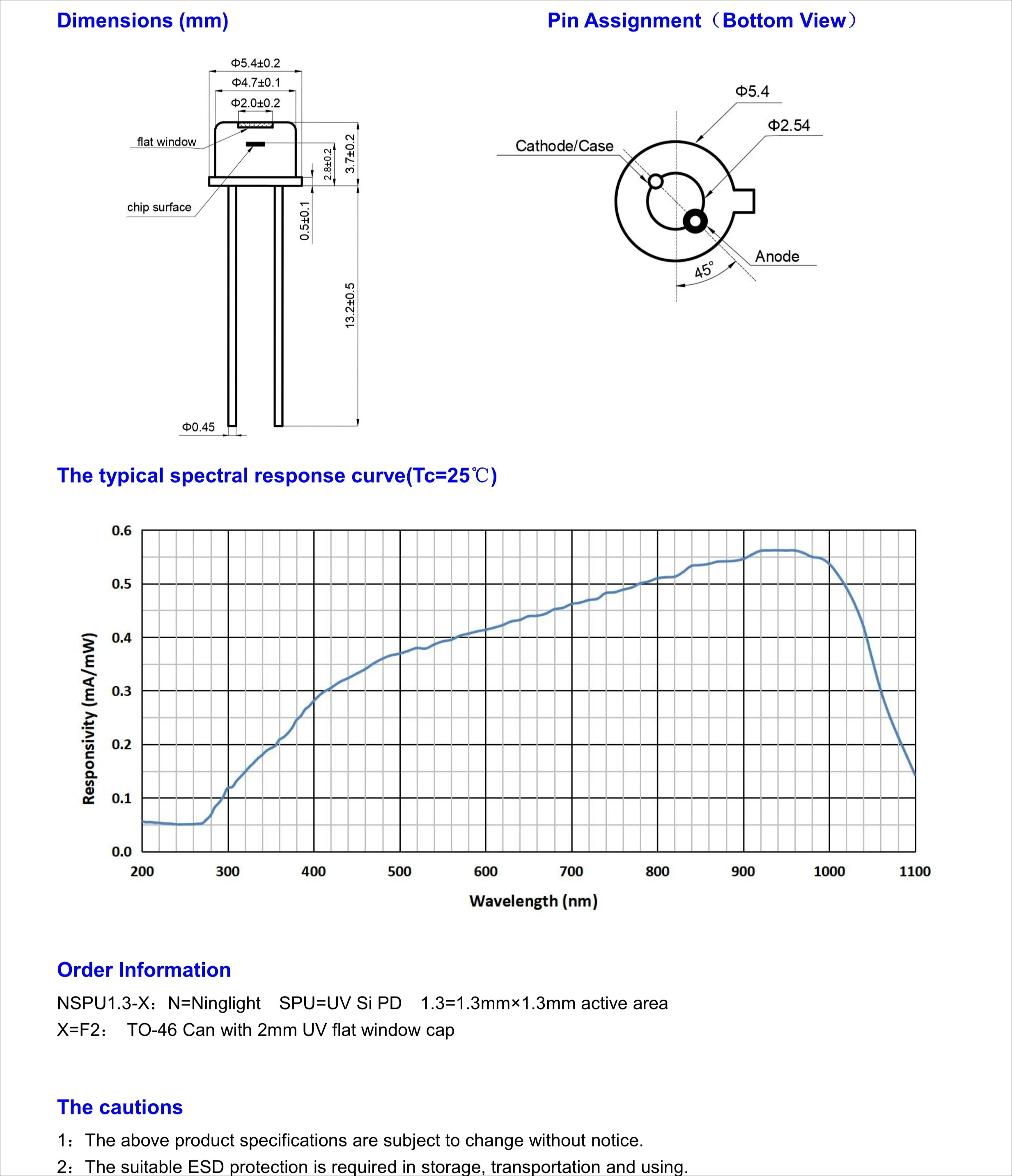 200-1100Nm 1.3mm UV Si Photodiode UV Detector/PD/PIN Photosensitive NSPU1.3