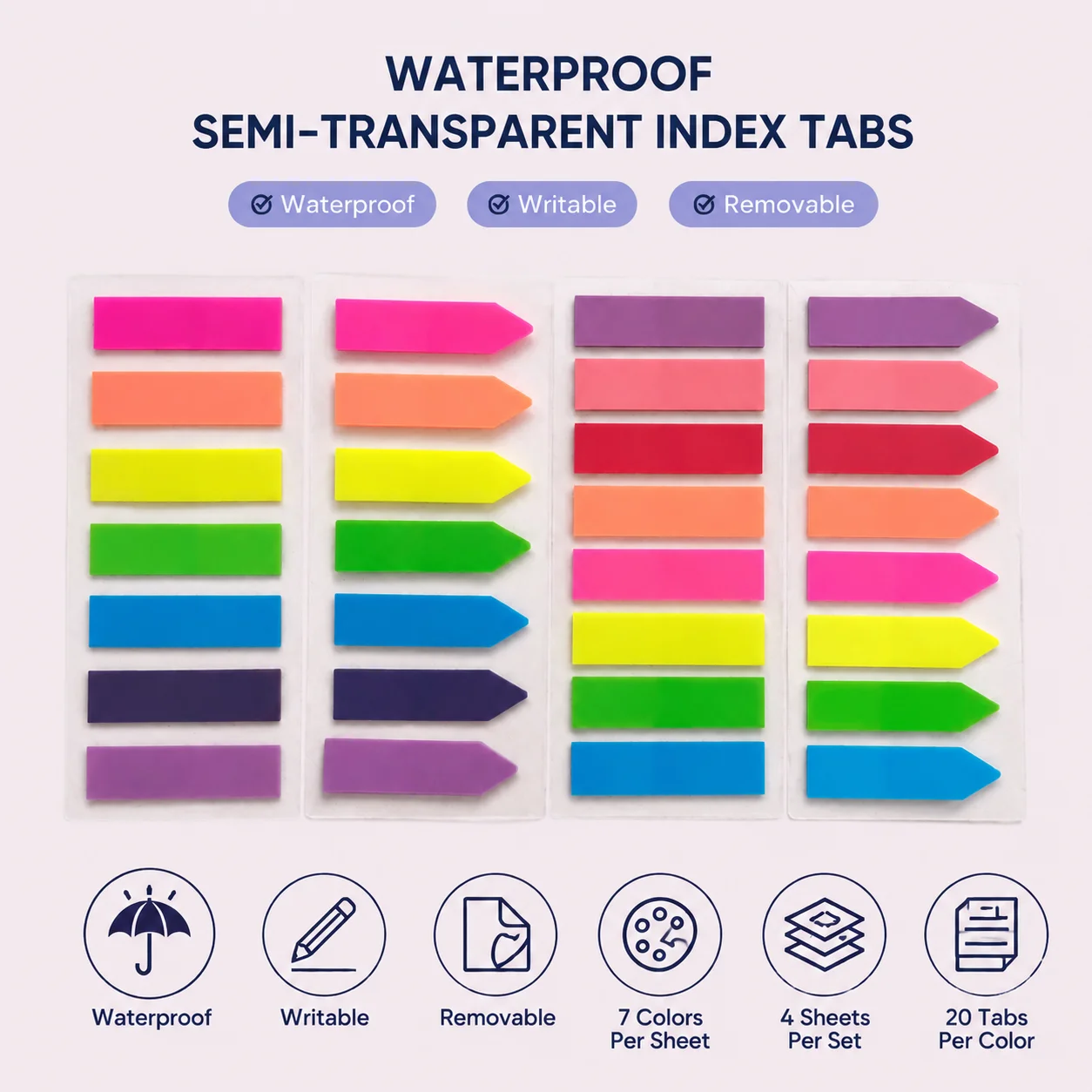 Back to School PET Semi-Transparent Index Tabs Waterproof Writable Sticky Flags Page Markers for Student Office