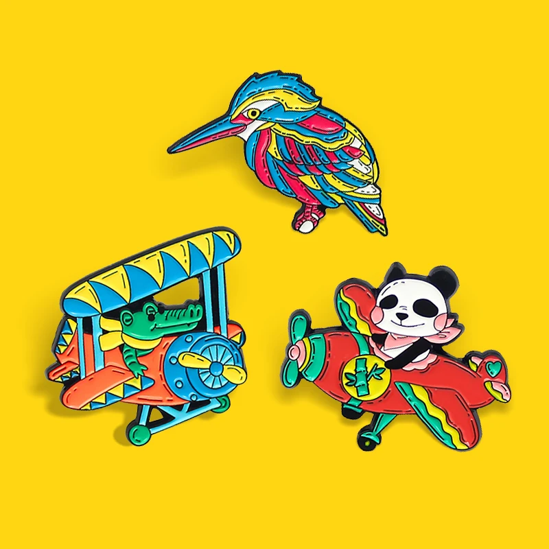 Brooches Crocodile Panda Flying plane Bird Magpie Parrot Enamel Pin Lapel Badge Wholesale Jewelry for Kids Color Airplane Plane