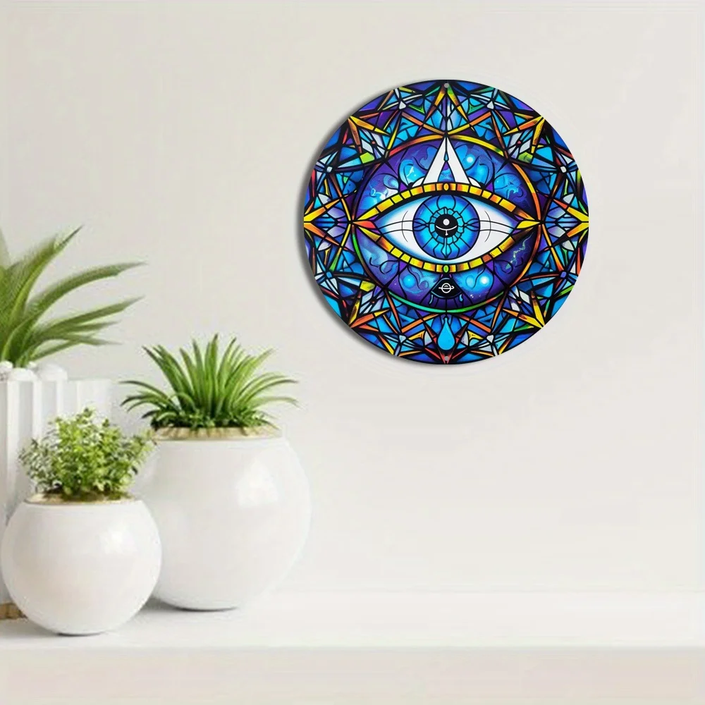 Evil Eye Design Aluminum Metal Sign, Vintage Inspired, 2D Flat Printing, Round Wall Decor for Home, Front Door, Living Room