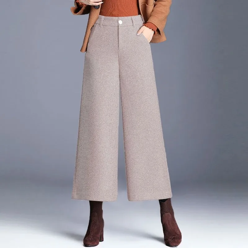 秋冬新作 ウール素材 ワイドレッグ ハイウエスト 九分丈 カジュアルパンツ スリムストレートパンツ レディース