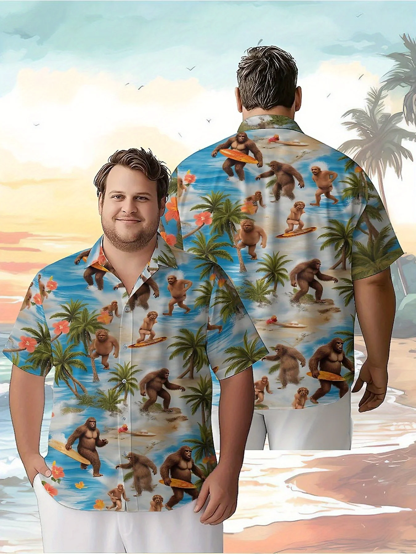 

Men's Plus Size Hawaiian Shirts Tropical Sasquatch Surfing Adventure pattern,New in Summer Fashion Tops,Hip Hop Rock Streetwear