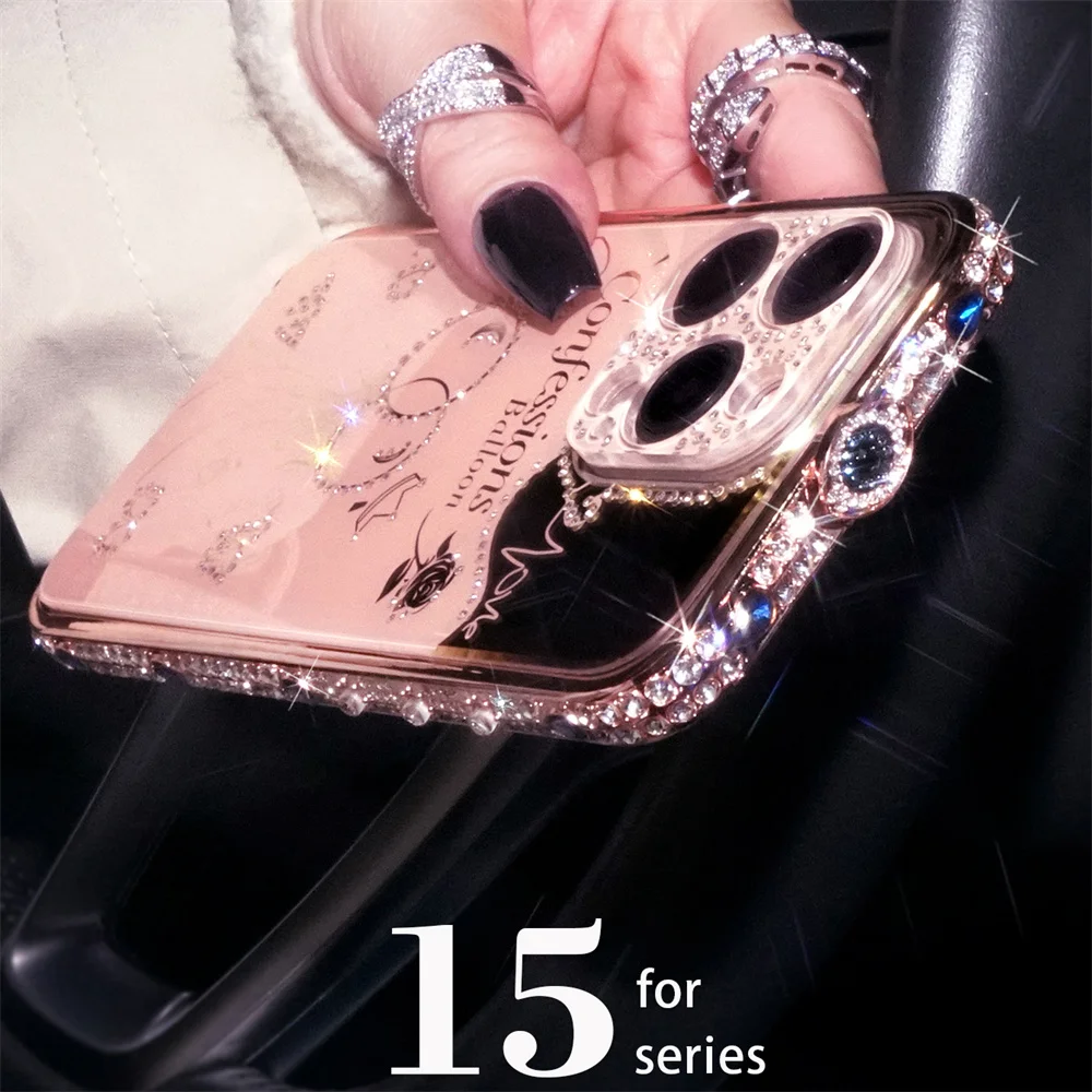 Lady Glitter Diamond Bumper Cases For Iphone 15 14 13 12 11 Pro Xs Max X Xr Metal Frame Cover Funda For Iphone 15 14 Plus Case