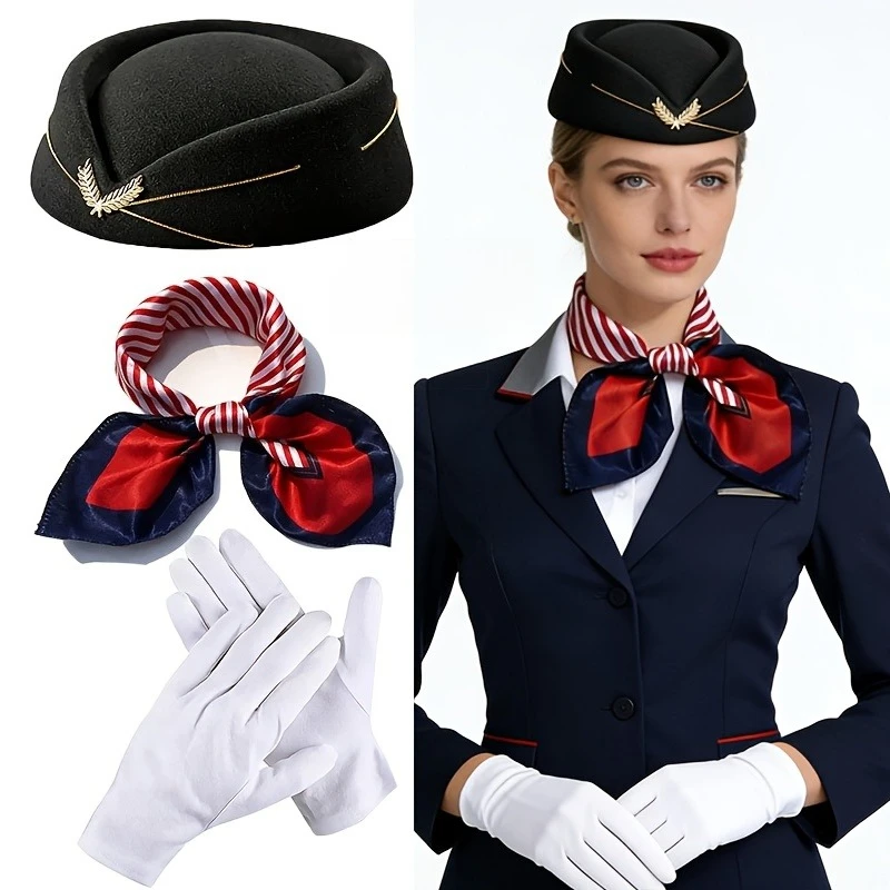 Flight Attendant Costume Accessories, Including Attendant Hats,Scarves,Gloves,Classic Flight Attendant Cosplay Accessories