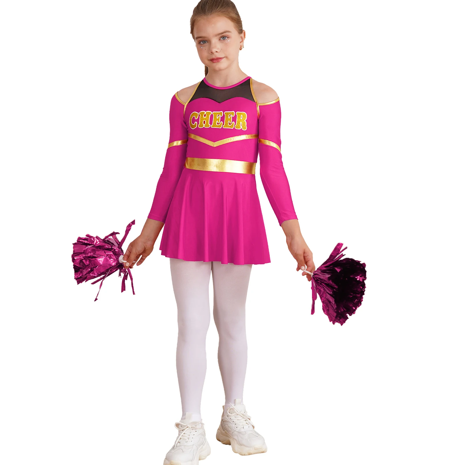 Roupa infantil de dança de alegria, uniforme escolar de líder de torcida, vestido collant de manga comprida com flores de mão para equipe de torcer