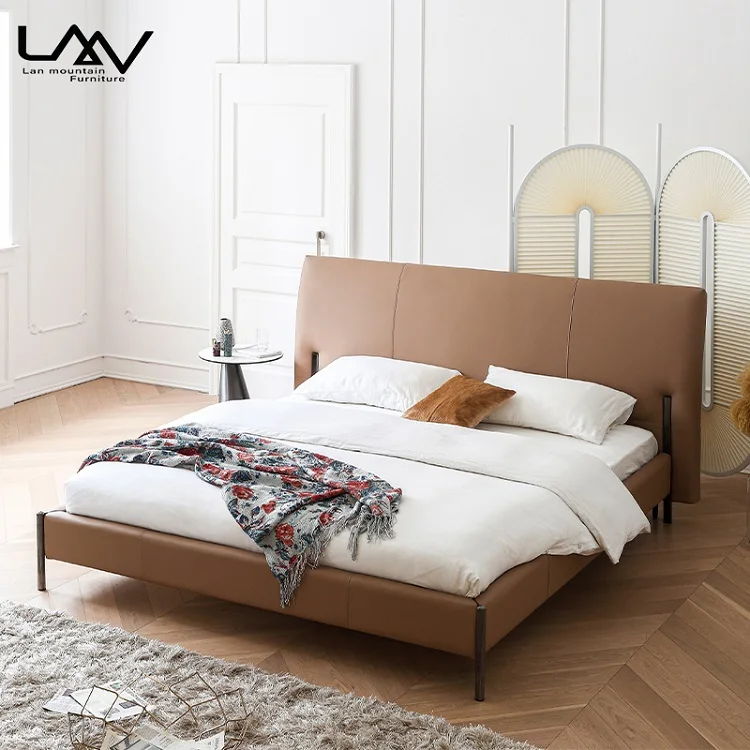 Italian Design light luxury master bedroom leather bed modern simple wood frame with metal leg 1.8 m double bed