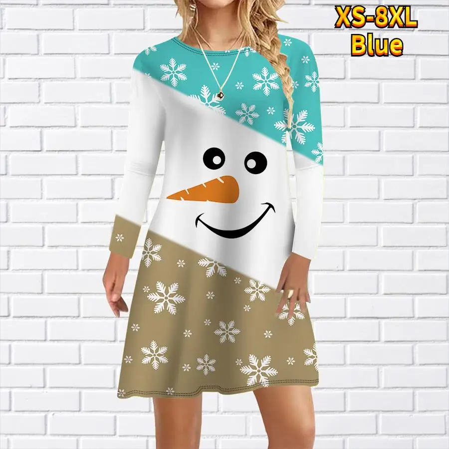 أنيقة لطيف عيد الميلاد ثلج مطبوعة فستان المرأة الصغيرة الخريف الشتاء الحلو طويلة الأكمام فضفاضة عادية فستان حفلة عيد الميلاد رداء #6