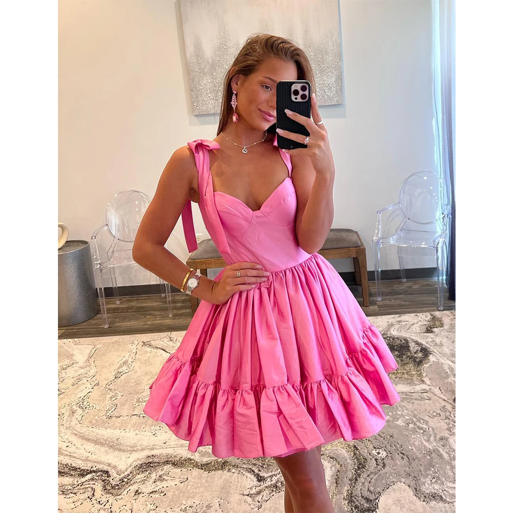 

MVOZEIN Hot Pink Satin Homecoming Dress Spaghetti Stap Short Mini Party Dress Above Knee Graduation Dress for Cocktail