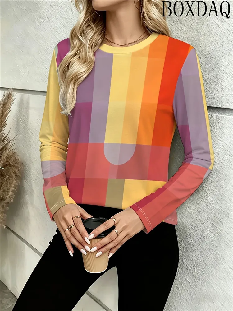 Long Sleeve Round Neck Casual T-shirt Fashion Women's Top 2026 Autumn Multicolored Geometry Abstract 3D Printed Women's T-shirts