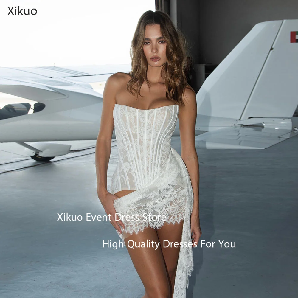

Xikuo Above Knee Lace Wedding Dresses Strapless Ruched Bridal Gowns Asymmetric Hem Appliques Chic Vestidos De Novia Customized