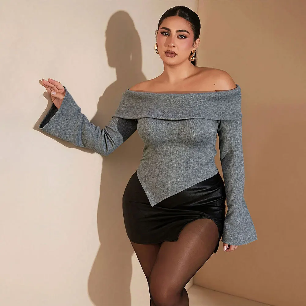 Plus-size Women's Elegant One-shoulder. Top With Flared Sleeves, Asymmetrical Hem, And A Slimming Waist-cinching Design, Femme