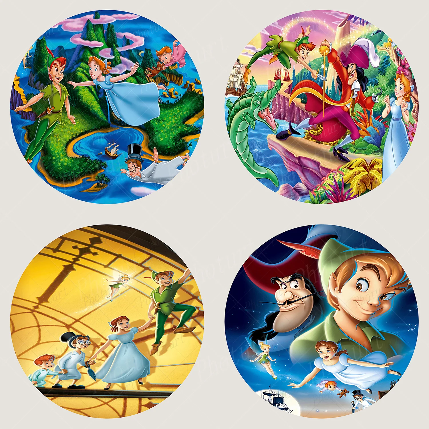 Fondo redondo de Peter Pan de Disneyland, fondo de fotografía de cumpleaños para niños, gancho de capitan, superficie circular, pancarta, accesorios