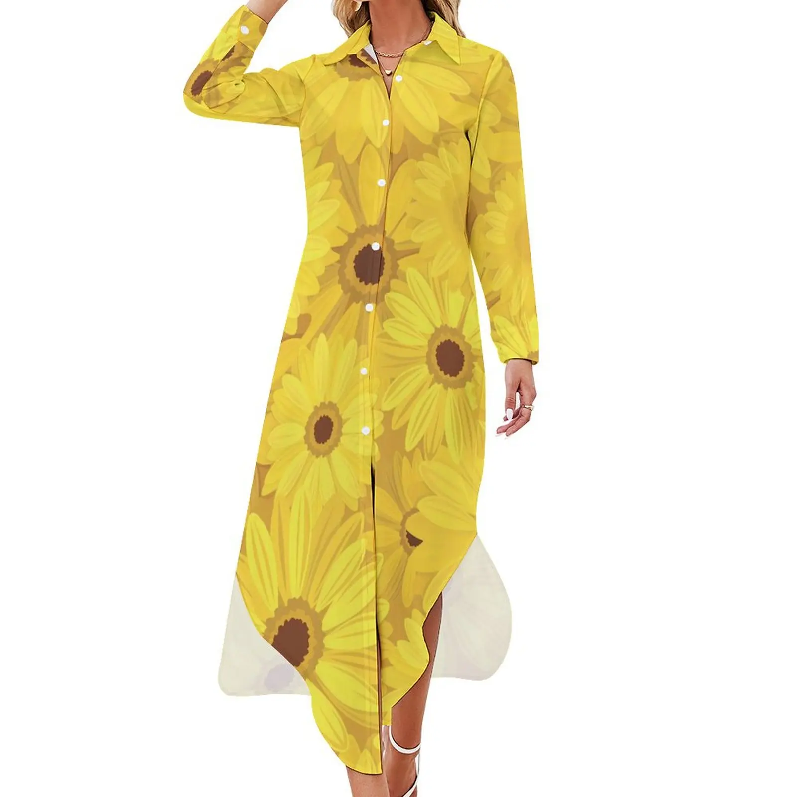 

Sunflower Print Casual Dress Yellow Gerbera Flowers Stylish Dresses Sexy V Neck Kawaii Chiffon Dress Long Sleeve Vestido