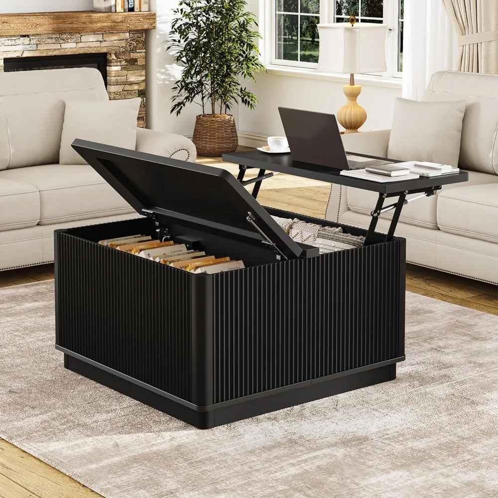 

Lift Top Coffee Table with Storage, Square Coffee Tables with LED Lighting and Power Outlet, Wooden Square Center Table f