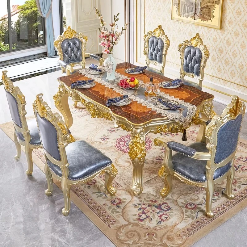 European dining table, American villa solid wood carving flower square table golden long table dining room furniture square dini