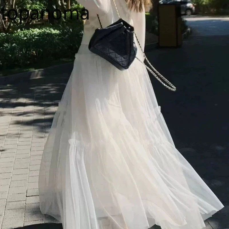 

Topanoma Long Skirts Women Mesh Patchwork High Waist Sweet Spring Fashion French Style White Elegant Casual Female Skirt
