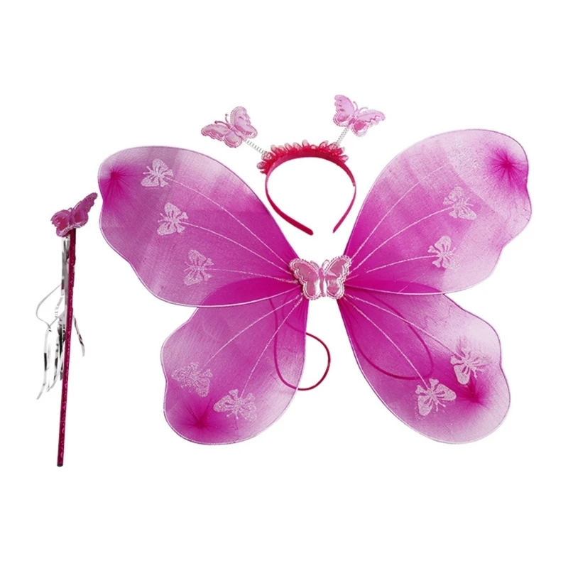 Kids-Girls Fairy Princess Costumes Butterfly-Wings  Wand Headband Party Cosplay-Props for Halloween Stage Props