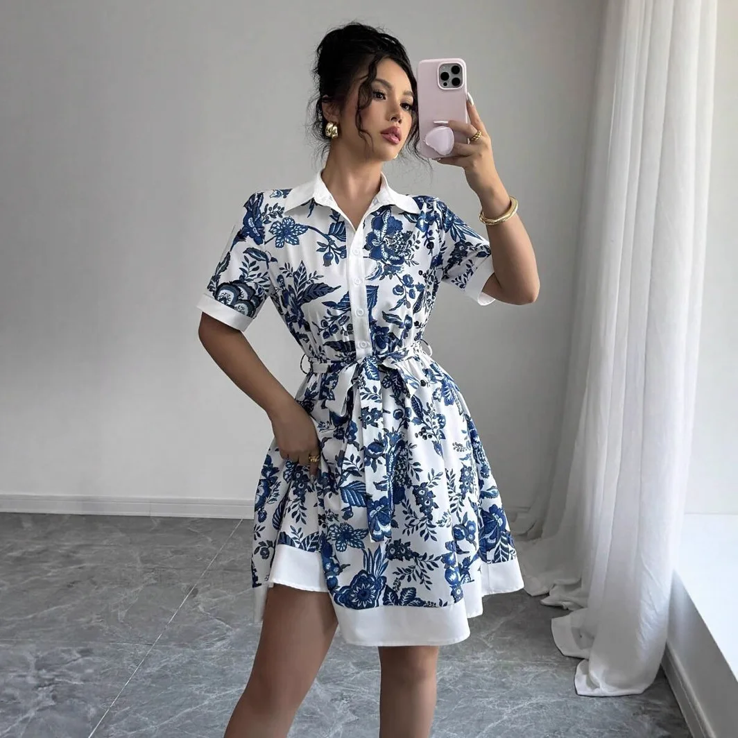 Robe longue mi-longue à fleurs, Simple, avec bretelles imprimées, manches courtes, élégante, chemise de rue décontractée, robes de bureau pour dames