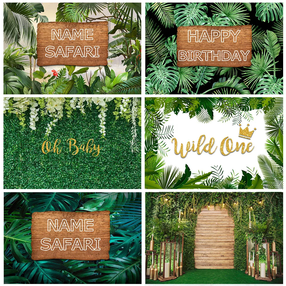 Custom Name Photophone Backdrops Green Safari Themed Birthday Banner Photo Background Children Baby Shower Party Decor Photocall