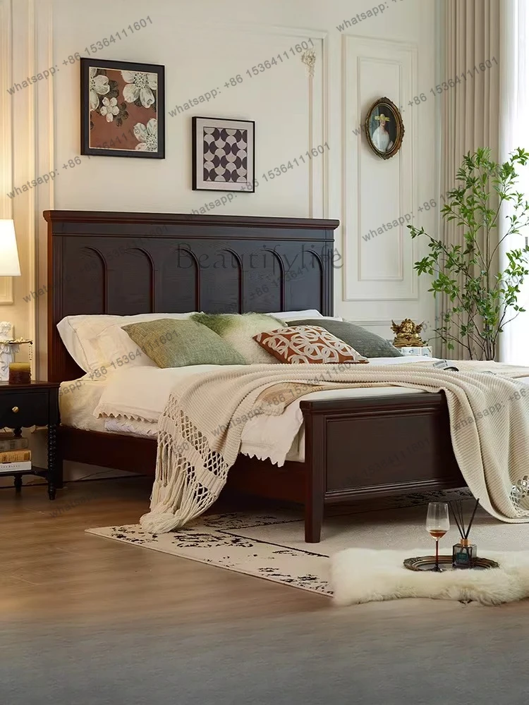 American French vintage style solid wood flat head bed Walnut color large bed