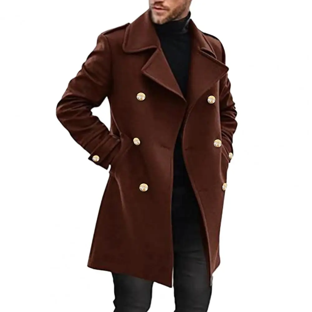 

Solid Color Overcoat Stylish Men's Double-breasted Winter Overcoat Thick Warm Mid Length Trenchcoat with Turn-down for Fall