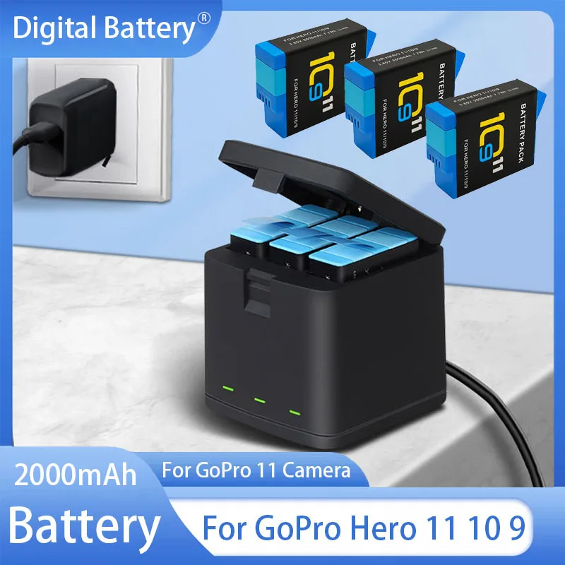 

2000mAh Battery For GoPro Hero 11 10 9 Li-ion Battery Pack Motion Camera Battery Storage for GoPro Hero9 Rechargeable Batteries