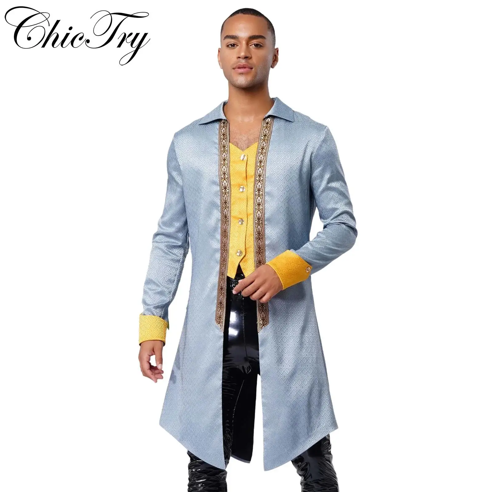

Halloween Medieval Tailcoat for Adults Mens Vintage Jacquard Costume Coat Turn Down Collar Long Sleeves Color Block Dress Up