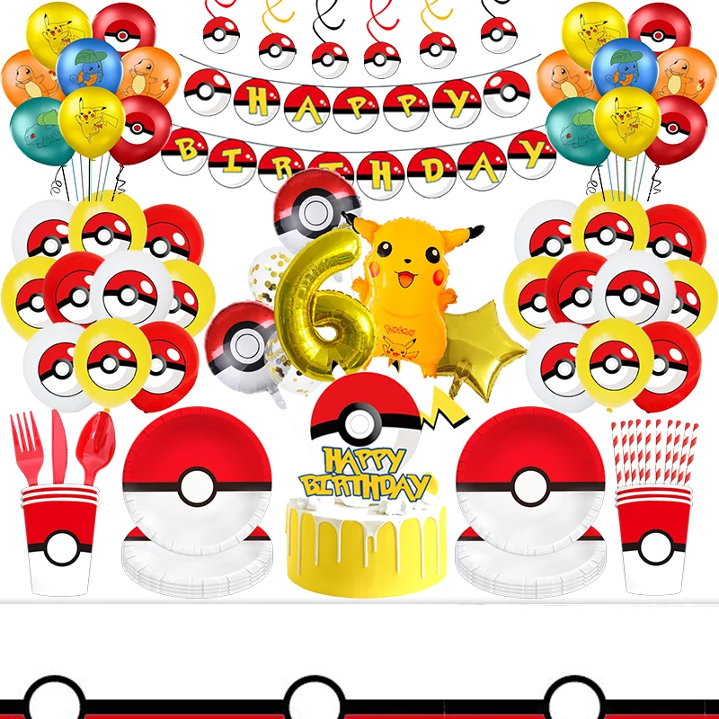 Pikachu Birthday Party Decoration Supplies Pokemon Happy Birthday Tableware Plates Balloons Banner Tablecloth Background Glasses