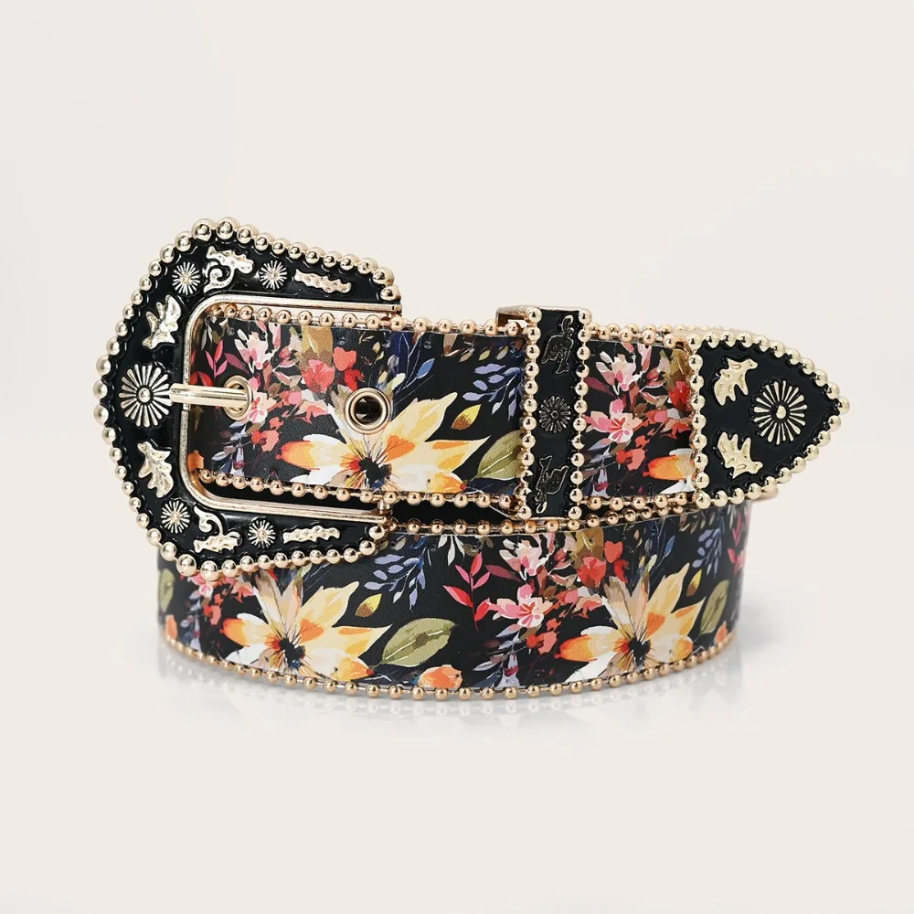 

Bohemian Style Floral Jeans Belts Vintage Border Bead Carved Metal Buckle Belt Hip Hop Y2k Retro Flower Belt Women's Accessories