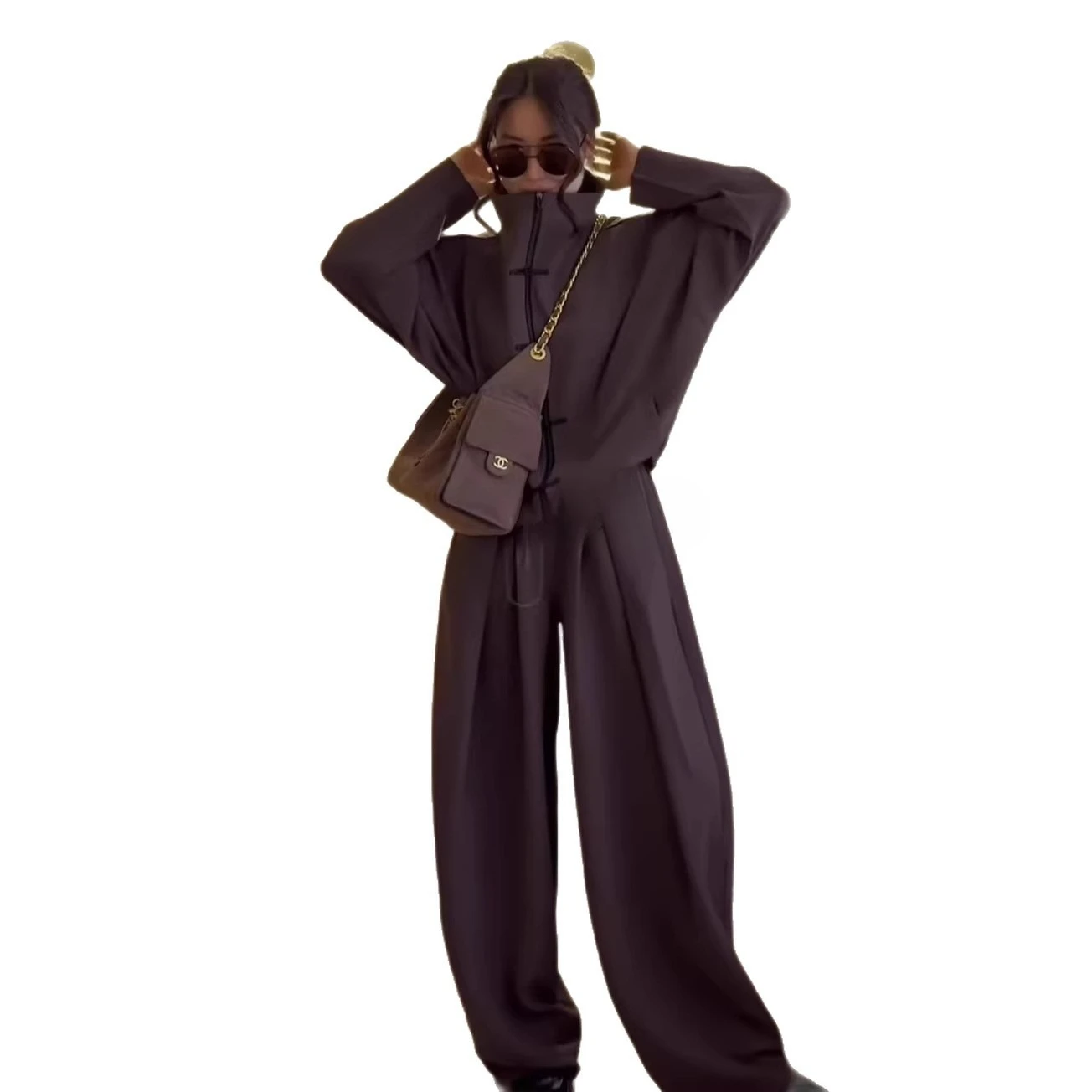 2026 Womens Two Pieces Outfit Stand Collar Button Drawstring Coat High Waist Draped Wide Leg Trousers Chic Spring Autumn Set