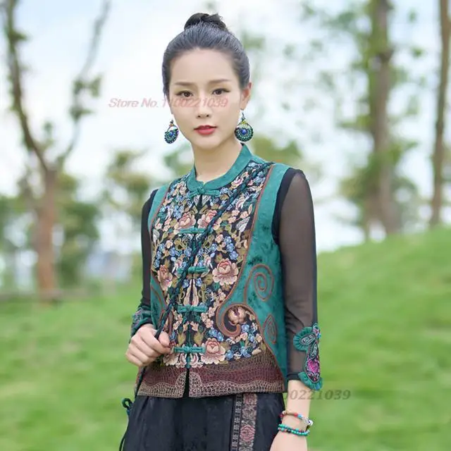 2024 chinese vintage gilet national flower embroidery satin jacquard vest tang suit oriental ethnic sleeveless waistcoat vest