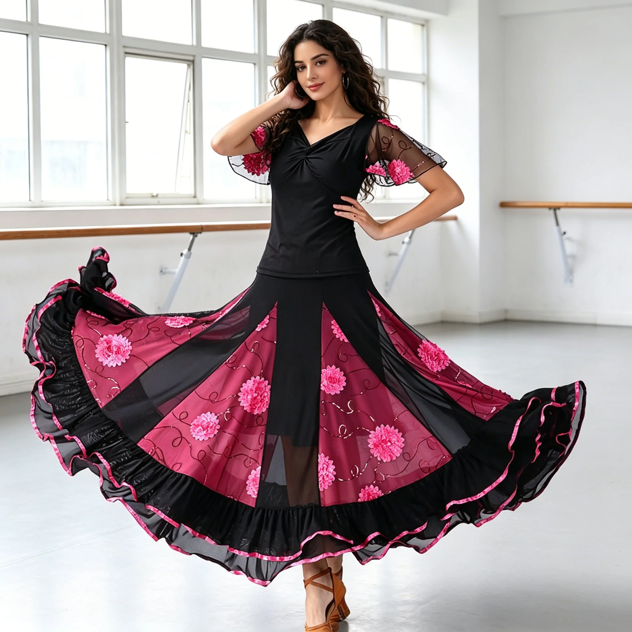 Elegante Conjunto de Danza Flamenca - 360 ° Conjunto de Top de Manga Corta y Falda Larga para Fiesta Rave, Disfraz de Actuación para Mujer