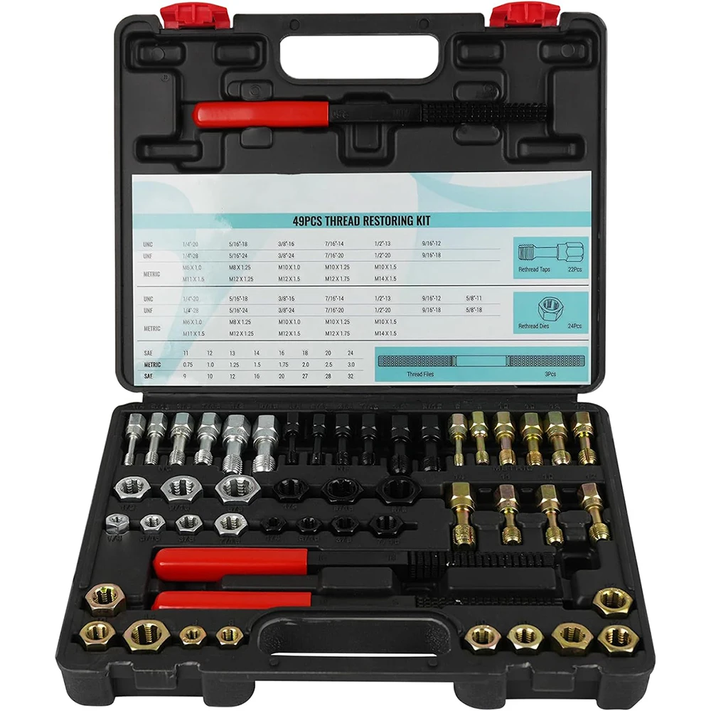 

Набор для восстановления резьбы из 49 предметов: профессиональный комплект для ремонта резьбы UNC, UNF, метрических стандартов, с метчиками, плашками и напильниками